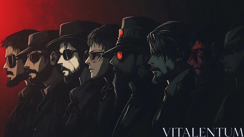 Shadowed syndicate in crimson dusk, mirrored eyes aligned.