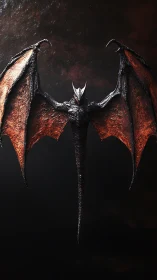 Dark winged dragon creature against burning sky backdrop.