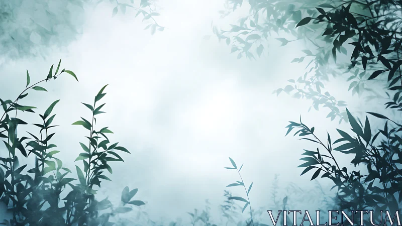 Backlit botanical foliage silhouettes in soft atmospheric haze