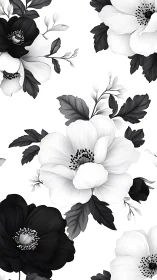 Elegant black and white floral pattern with blooming flowers.