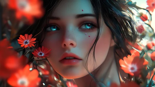 Digital portrait shows female face framed by red flowers