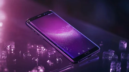Smartphone Display Against Crystalline Particles in Purple Neon Setting.