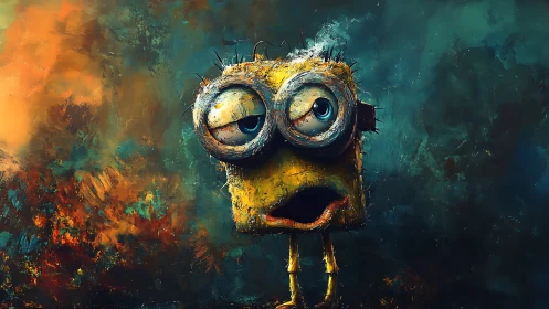 Weathered cartoon creature stands confused in swirling colors