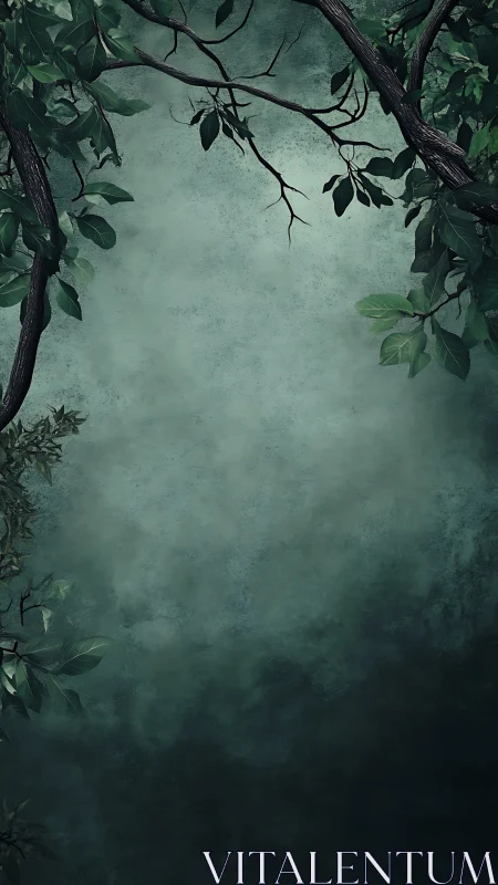 Misty Forest Canopy with Dark Branches and Foliage.