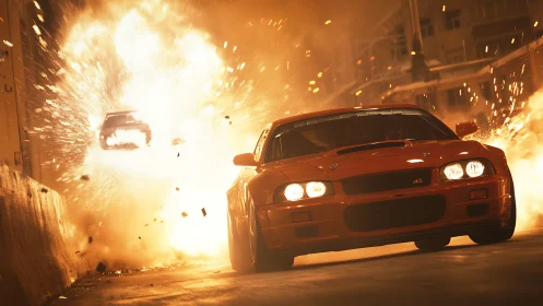 Photorealistic tunnel car chase with cinematic explosion staging.