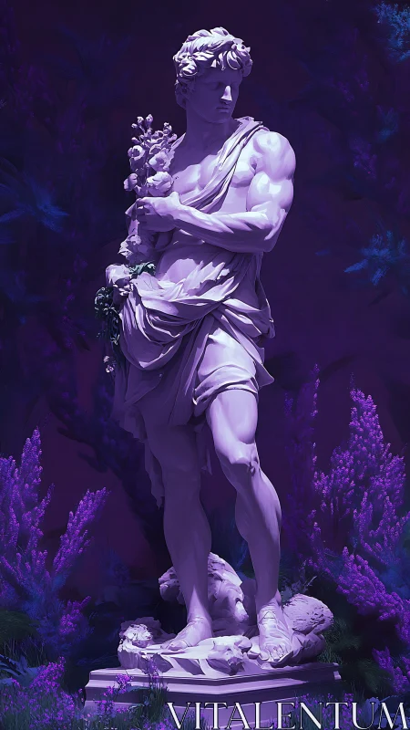 Dreamy lavender statue glowing in a magical twilight garden.