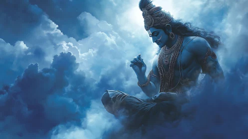 Serene celestial figure meditates gently in soft blue clouds