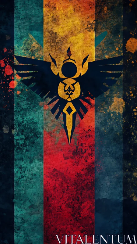 Stylized winged emblem on textured tricolor background.