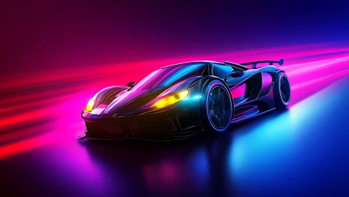 Neon hypercar streaks through a liquid tunnel of electric light.