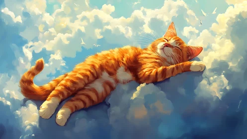 Dreaming Among the Clouds: Orange Cat's Sky Nap.