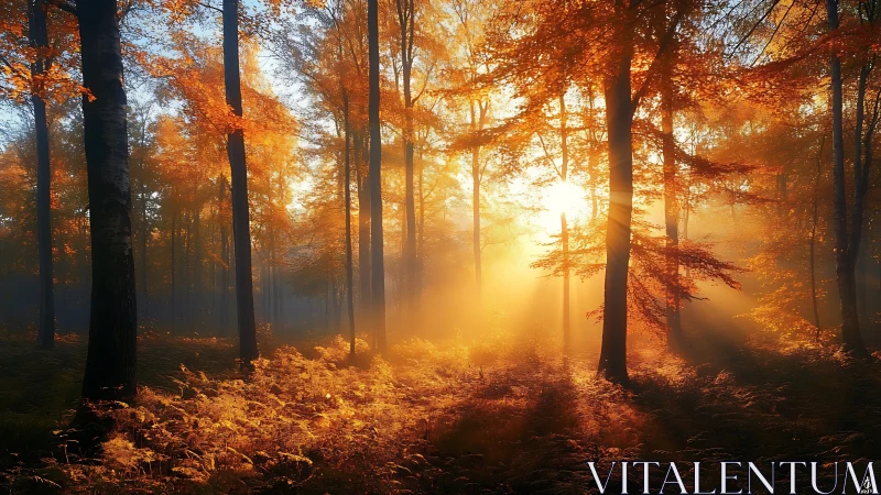 Sunlight filters through dense autumn forest at sunrise