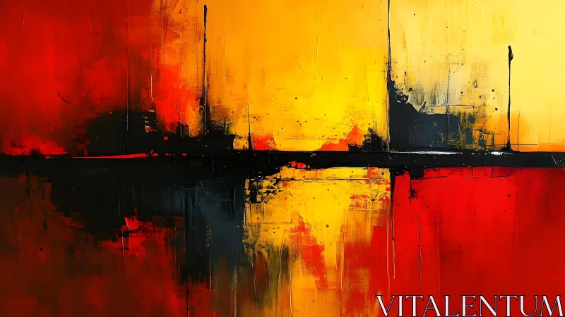 Bold Abstract Art in Red, Yellow, and Black Tones, Modern Style.