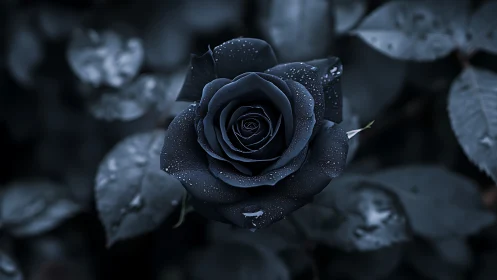 Macro closeup of dewy midnight-blue rose with soft bokeh foliage