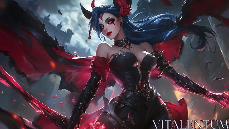 Dark fantasy vampiric warrior in dynamic crimson motion.