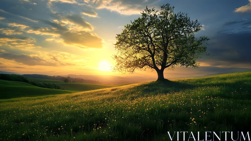 Solitary tree crowns sunlit meadow under radiant sunset sky.