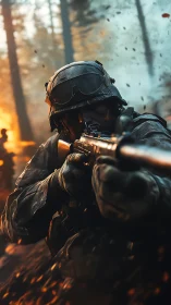 Soldier aims rifle in forest combat with dynamic debris