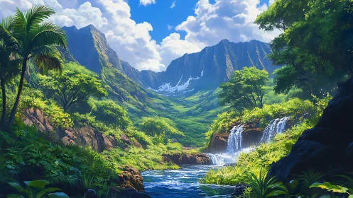Lush tropical valley with waterfalls rendered in high-detail digital art