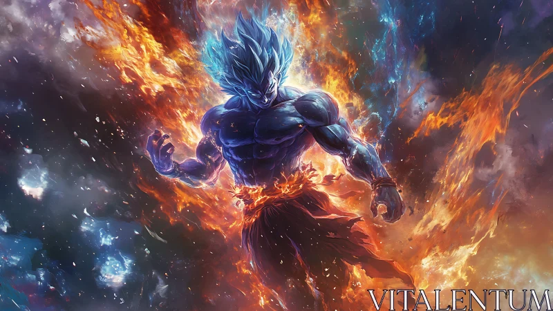 Blue haired energy warrior emerges from blazing cosmic fire