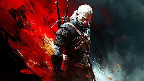 White haired swordsman in dark armor amid red chaos.
