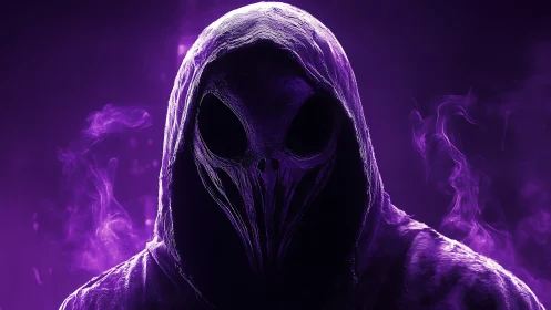 Hooded skull-like figure in purple smoke and lighting.