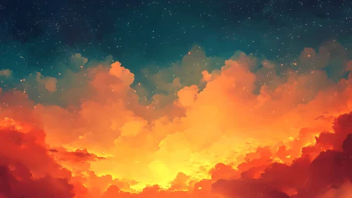 Luminous sunset clouds beneath a deep starry sky.