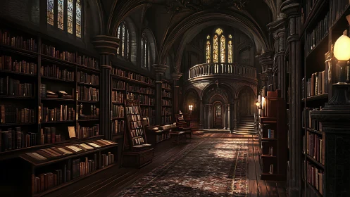 Gothic digital painting of vaulted cathedral library interior.