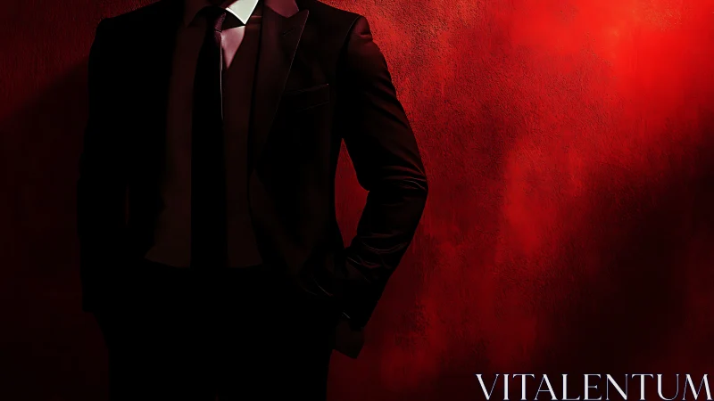 Boldly suited figure leans into dramatic red shadowed light