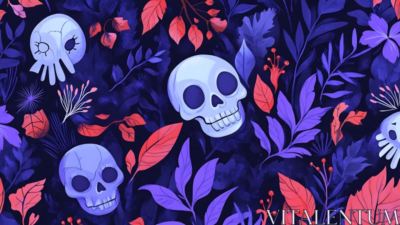 Skulls woven through neon foliage on midnight indigo ground.
