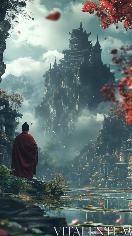 Monk in crimson beholds mist-drowned mountain temple citadel.