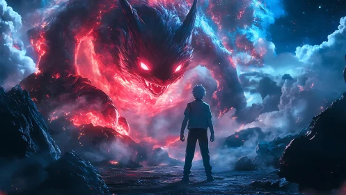 Boy confronts cosmic fire demon amid storm-lit void.