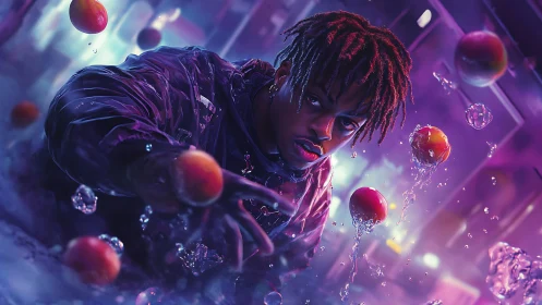 Neon drenched portrait with floating fruit and water orbs.