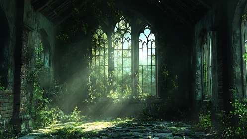 Sunlit overgrown chapel interior with gothic windows.