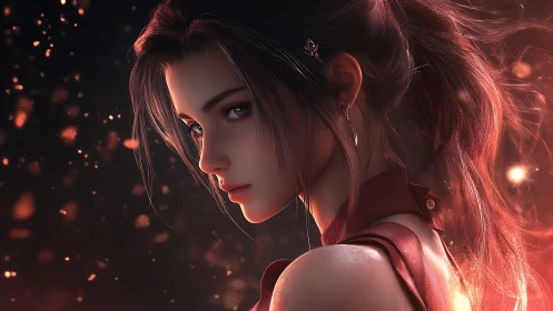 Serious anime girl in glowing ember filled background.