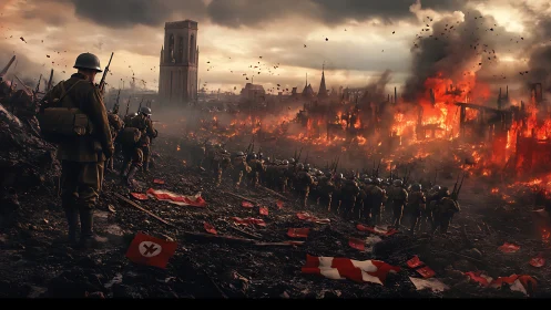 Soldiers advancing through burning war-torn urban landscape.