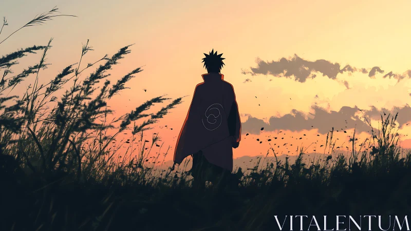 Cloaked wanderer greets ember-tinted sunset in quiet fields.