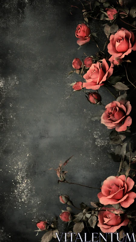 Red roses on dark textured background with side alignment.