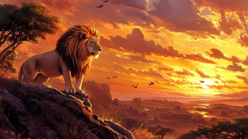 Lion overlooks blazing savanna under molten sunset sky