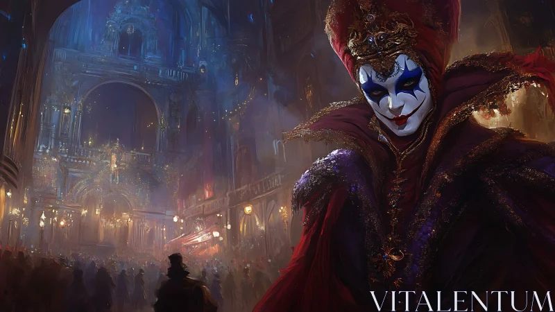 Masked figure dominates ornate hall filled with distant crowd