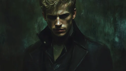 Moody digital portrait of brooding man in dark leather coat