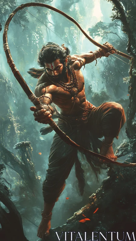 Warrior archer with bow in dense misty forest environment.