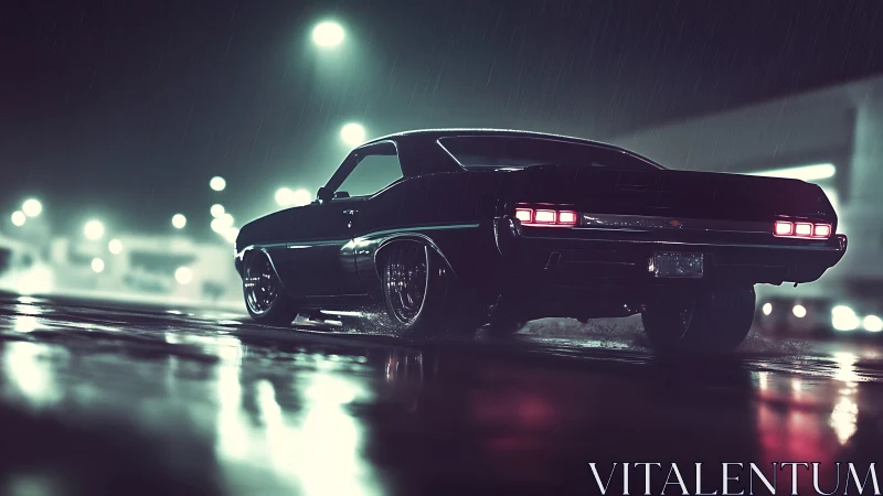 Midnight muscle car carves neon reflections through the rain