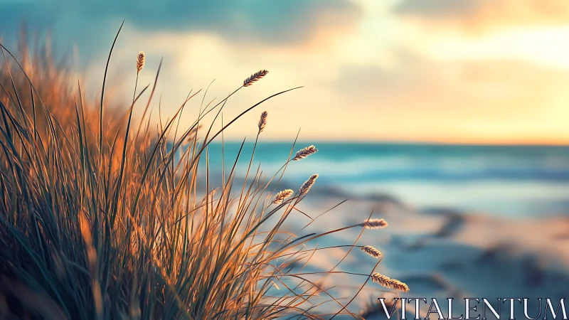 Sunlit dune grasses by calm sea at warm sunset.
