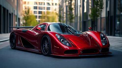 Sleek crimson supercar poised in a modern city streetscape.