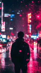 Silhouetted person stands on wet neon city street at night