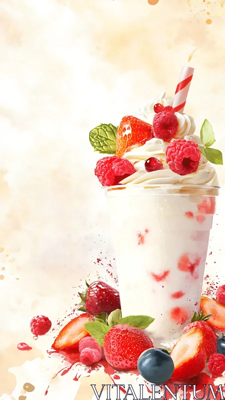 Strawberry and raspberry milkshake with scattered fresh berries.