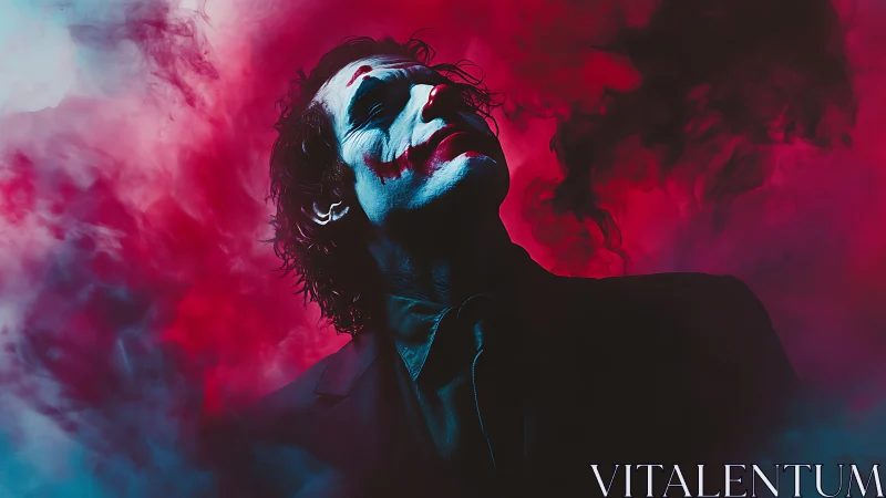 Smirking clown figure in red and cyan cinematic smoke portrait.