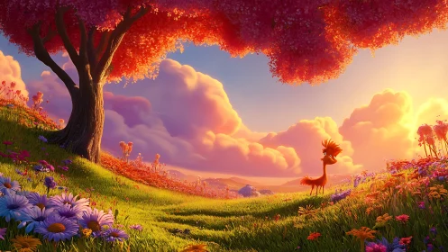Cartoon bird in stylized sunset meadow landscape scene.