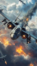 Futuristic combat aircraft diving through burning clouds.