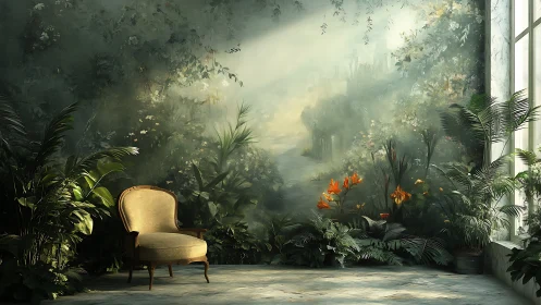 Interior corner shows armchair before dense painted foliage