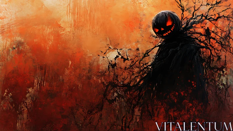 Pumpkin-headed shadow wreathed in fiery autumn haze.